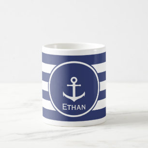 Nautical Blue and White Text Sjabloon met Anchor Koffiemok