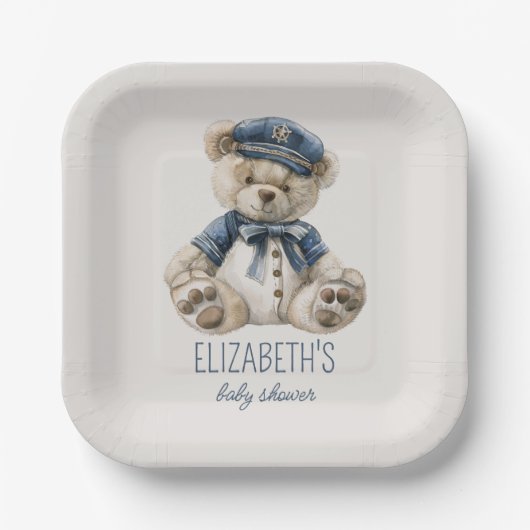 Nautical Blue Baby Bear Baby Shower Papieren Bordje (Voorkant)