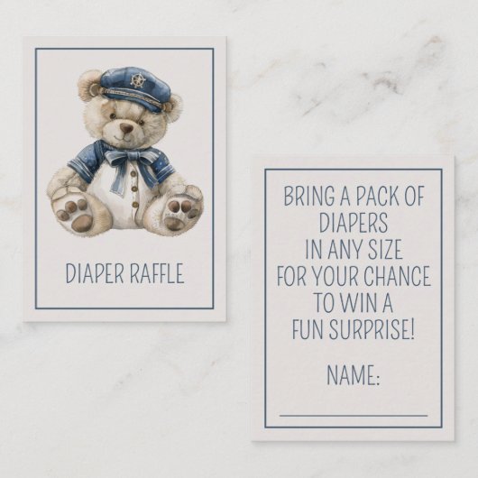 Nautical Blue Baby Bear Diaper Raffle Informatiekaartje (Voorkant / Achterkant)