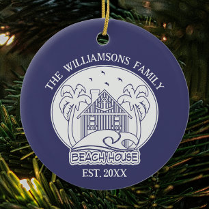 Nautical Blue Beach House Witte familienaam Natuur Keramisch Ornament
