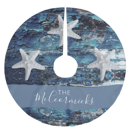 Nautical Blue Beach Rustic Starfish Familienaam Kerstboom Rok (Voorkant)