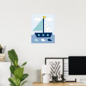 Nautical Blue Blauwgroen Grey Sailboat Nursery Art Poster (Thuiskantoor)