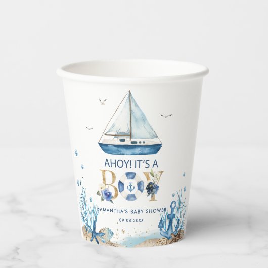 Nautical Blue Boat Ahoy Het is een Jongen Baby sho Papieren Bekers (Voorkant)