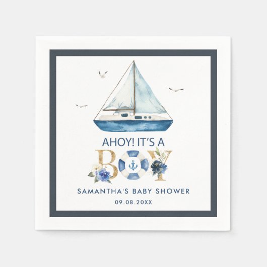 Nautical Blue Boat Ahoy Het is een Jongen Baby sho Servet (Voorkant)