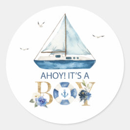 Nautical Blue Boat Ahoy Het is een jongen Dank je  Ronde Sticker