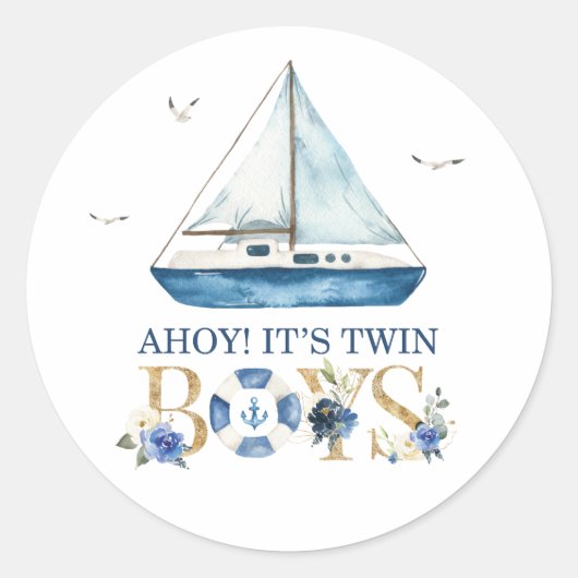 Nautical Blue Boat Ahoy Het is tweelingjongens Dan Ronde Sticker (Voorkant)