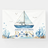 Nautical Blue Boat Baby shower Ahoy Het is tweelin Spandoek (Horizontaal)