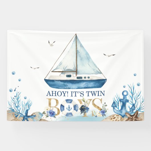 Nautical Blue Boat Baby shower Ahoy Het is tweelin Spandoek (Horizontaal)