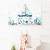 Nautical Blue Boat Baby shower Ahoy Het is tweelin Spandoek (Insitu)