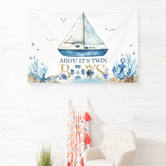 Nautical Blue Boat Baby shower Ahoy Het is tweelin Spandoek (Insitu)
