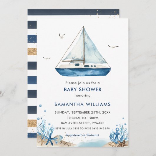 Nautical Blue Boat Baby Shower Kaart (Voorkant / Achterkant)