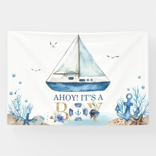 Nautical Blue Boat Boy Baby shower Ahoy Het is een Spandoek (Horizontaal)