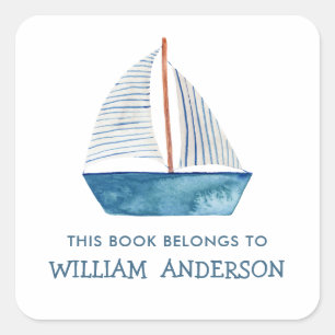 Nautical Blue Boat Boys Persoonlijke School Vierkante Sticker