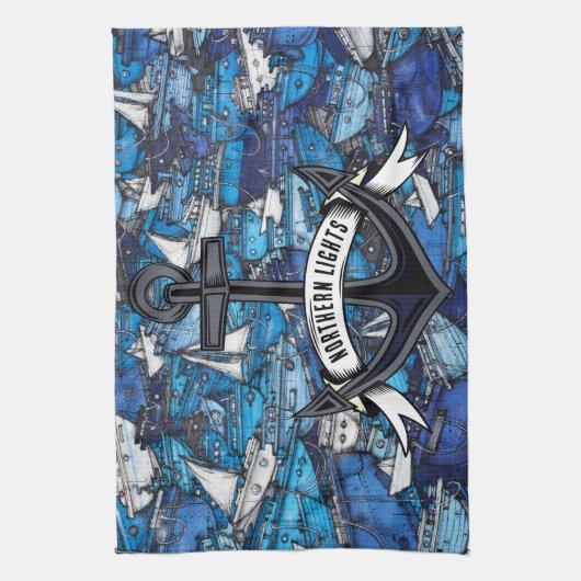 Nautical Blue Boats and Anchor Boat Name Theedoek (Verticaal)