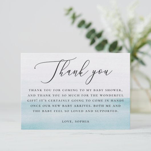 Nautical Blue Boy Baby Shower | Elegant Script Bedankkaart (Staand voorkant)