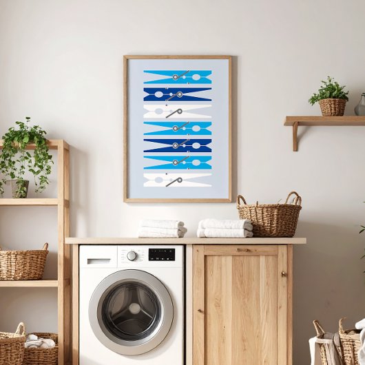Nautical Blue Clothes Pins Laundry Room Art Poster