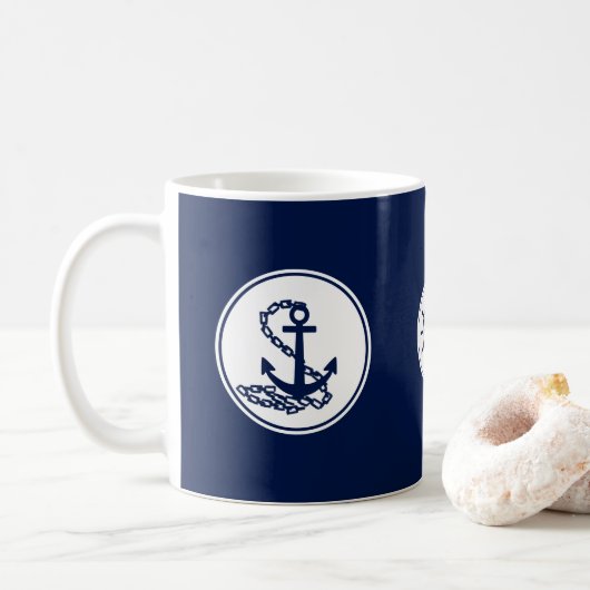 Nautical Blue Coffee Mok, Anchor and Ship's Wheel Koffiemok (Met donut)