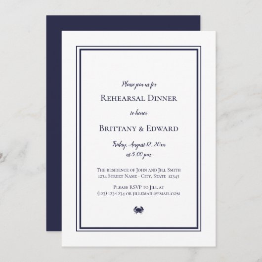Nautical Blue Crab Rehearsal Dinner Invitations Kaart (Voorkant / Achterkant)