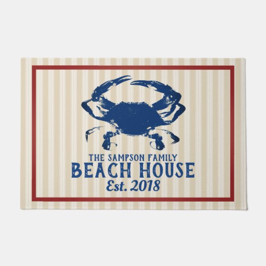 Nautical Blue Crab & Stripes Beach House Deurmat (Voorkant)
