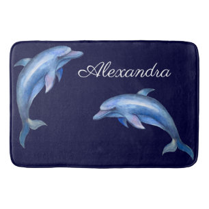 Nautical Blue Dolphin Waterverf White Wood Name Badmat