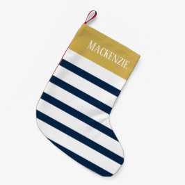 Nautical Blue en Gold Custom Name (Navy Stripes) Kleine Kerstsok