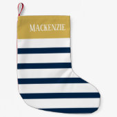 Nautical Blue en Gold Custom Name (Navy Stripes) Kleine Kerstsok (Voorkant)