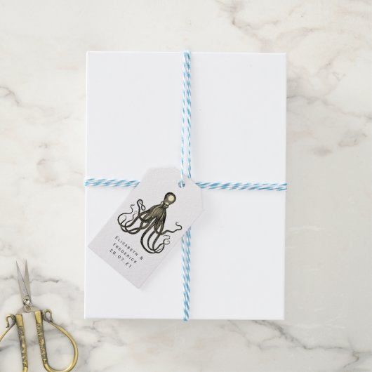 Nautical Blue en Gold Octopus Cadeaulabel (Met Touw)