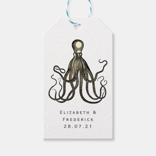 Nautical Blue en Gold Octopus Cadeaulabel (Voorkant)