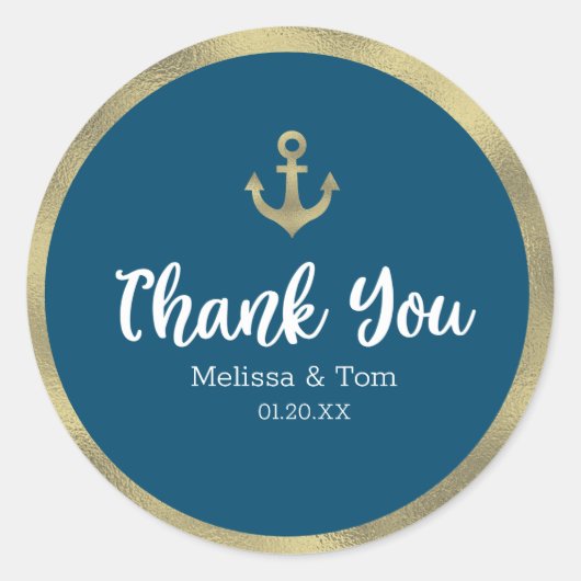 Nautical Blue Faux Folie Anchor Wedding Bedankt Ronde Sticker (Voorkant)