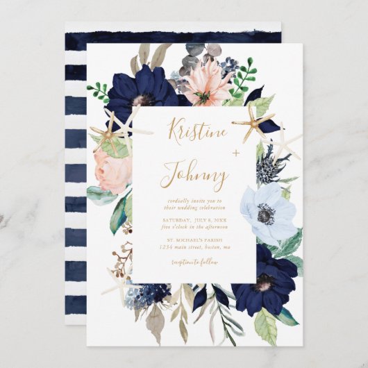 Nautical Blue Floral Gold Starfish Striped Weduwsc Kaart (Voorkant / Achterkant)