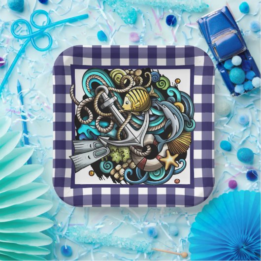 Nautical Blue Gingham Paper Bord (Feest)