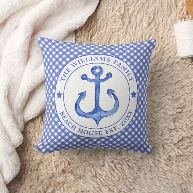 Nautical Blue Gingham Pattern - Family Beach House Kussen (Deken)