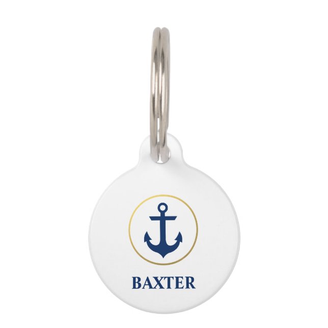 Nautical Blue Gold Anchor Dog Label - Telefoon op  Huisdierpenning (Voorkant)