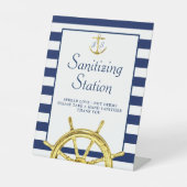 Nautical Blue Gold Monogram Sanitiseringsstation Reclamebord Met Voetstuk (Voorkant)
