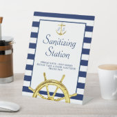 Nautical Blue Gold Monogram Sanitiseringsstation Reclamebord Met Voetstuk (Insitu)