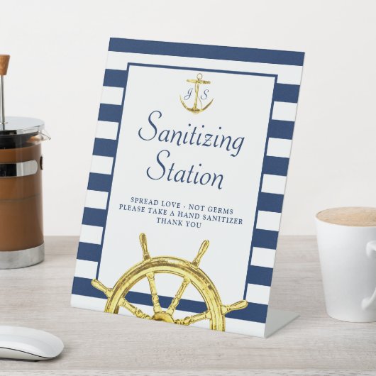 Nautical Blue Gold Monogram Sanitiseringsstation Reclamebord Met Voetstuk (Insitu)