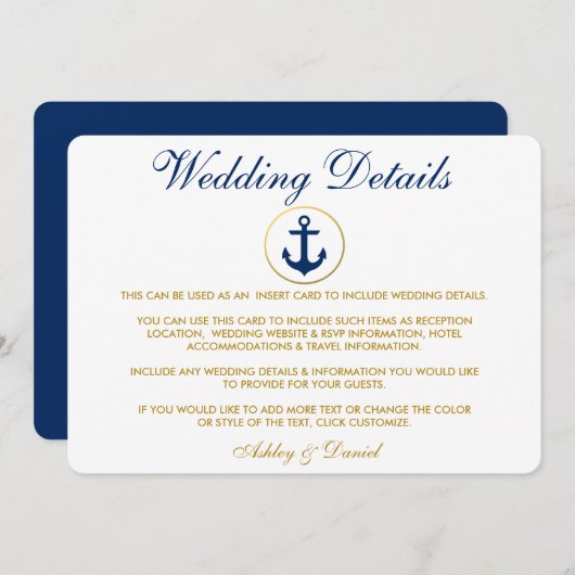 Nautical Blue Gold Wedding Details Invoegen Kaart (Voorkant / Achterkant)