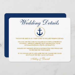 Nautical Blue Gold Wedding Details Invoegen Kaart