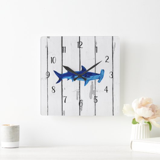 Nautical Blue Hammerhead Shark Shiplap Rustic Vierkante Klok (Huis)