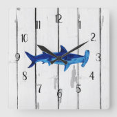 Nautical Blue Hammerhead Shark Shiplap Rustic Vierkante Klok (Voorkant)
