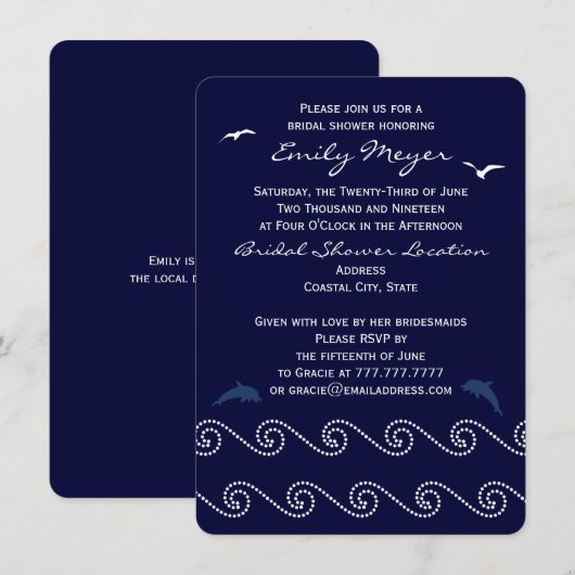 Nautical Blue Ocean Waves Bridal Shower Uitnodigin Kaart (Voorkant / Achterkant)