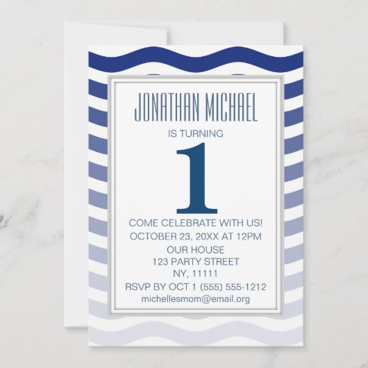 Nautical Blue Ombre Wave Anchor First Birthday Kaart (Voorkant)