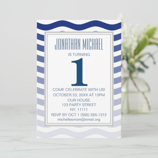 Nautical Blue Ombre Wave Anchor First Birthday Kaart (Staand voorkant)