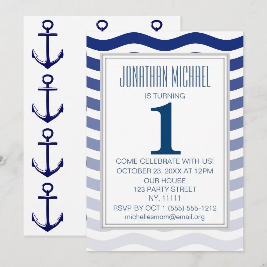 Nautical Blue Ombre Wave Anchor First Birthday Kaart (Voorkant / Achterkant)