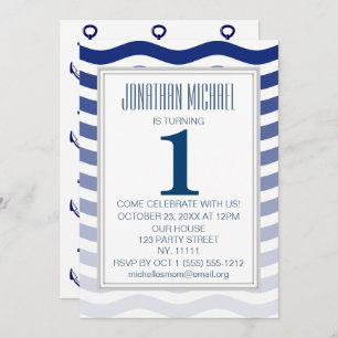 Nautical Blue Ombre Wave Anchor First Birthday Kaart