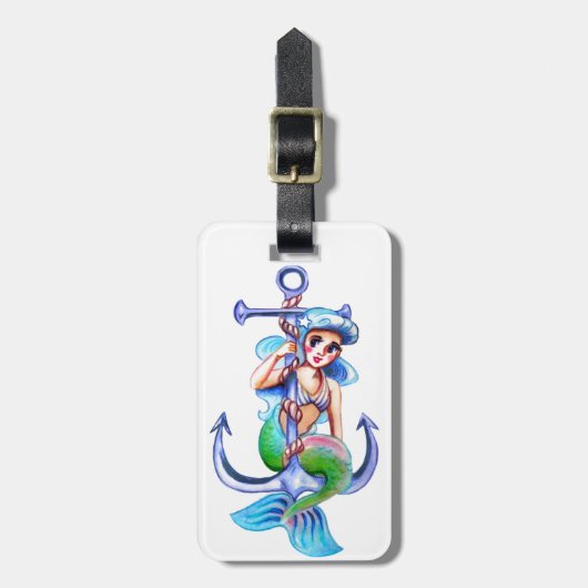 Nautical Blue Retro Mermaid Lady Bagagelabel (Voorkant verticaal)