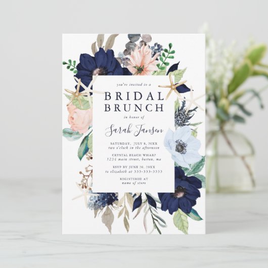 Nautical Blue Roze Waterverf Floral Bridal Brunch Kaart (Staand voorkant)