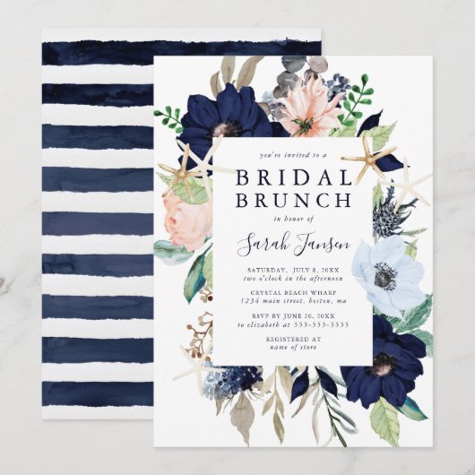Nautical Blue Roze Waterverf Floral Bridal Brunch Kaart (Voorkant / Achterkant)