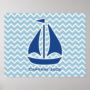 Nautical Blue Sail Boat en Chevron Personalized Poster