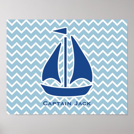 Nautical Blue Sail Boat en Chevron Personalized Poster (Voorkant)
